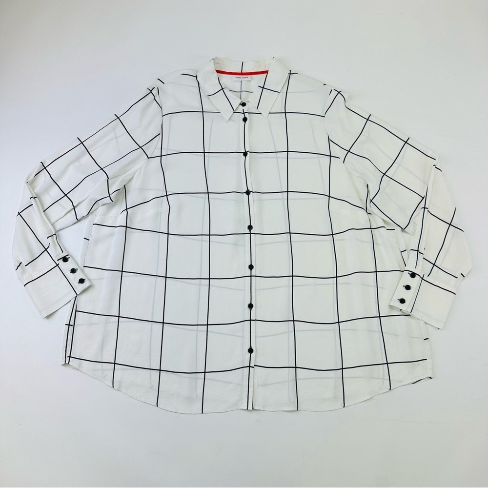 Gerry Weber white check blouse XL windowpane check long sleeve crepe semi sheer
